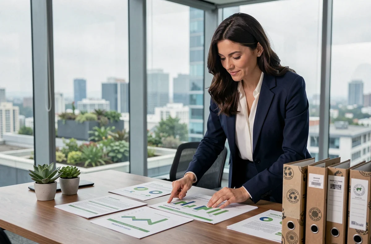 Empresaria revisando informes de sostenibilidad en una sala de reuniones moderna con vistas a jardines urbanos en azoteas
