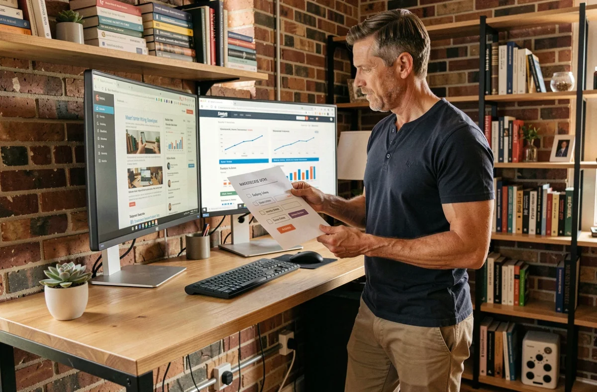 Empresario revisando una lista de pasos para implementar estrategias de email marketing en su oficina en casa