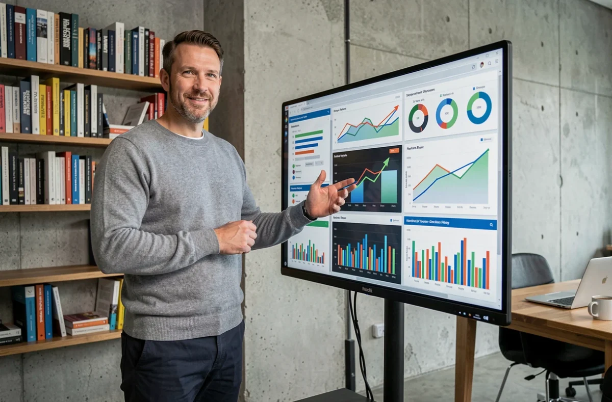 Empresario evaluando métricas de crecimiento en pantalla de analítica de negocios en oficina moderna