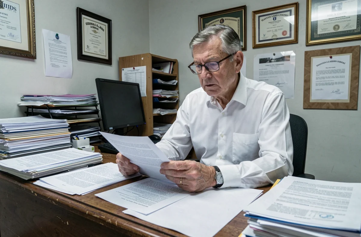 Propietario de una pequeña empresa revisando documentos legales relacionados con el proceso de despido de un trabajador