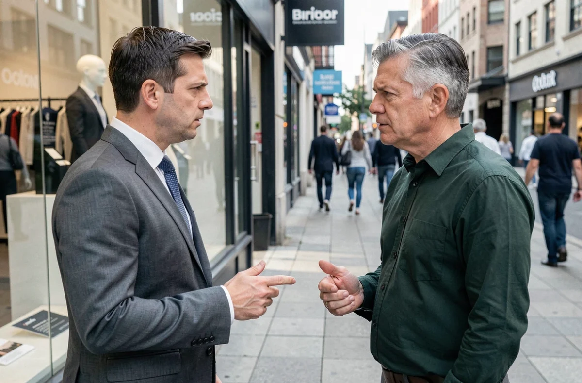 Dos empresarios discutiendo sobre prácticas de competencia desleal frente a un establecimiento comercial