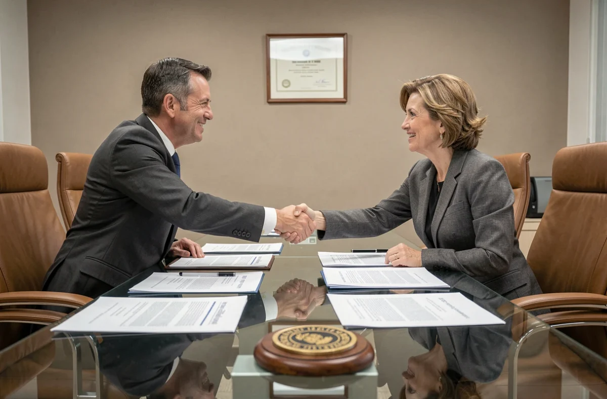 Dos empresarios firmando un contrato mercantil para constituir una sociedad en España
