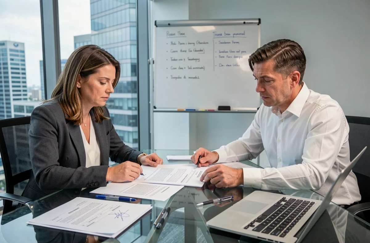 Dos empresarios negociando y revisando un contrato mercantil en una sala de reuniones corporativa moderna
