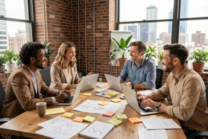 Equipo de profesionales diversos colaborando en una sesión de brainstorming con notas adhesivas y portátiles en una oficina moderna