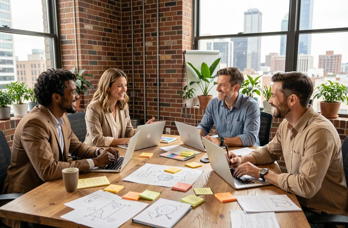 Equipo de profesionales diversos colaborando en una sesión de brainstorming con notas adhesivas y portátiles en una oficina moderna