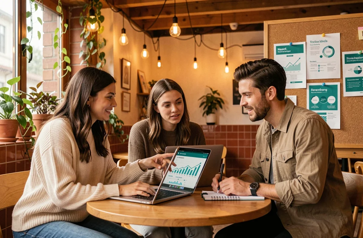Equipo de profesionales colaborando en una campaña de marketing de contenidos en un espacio de trabajo creativo tipo café