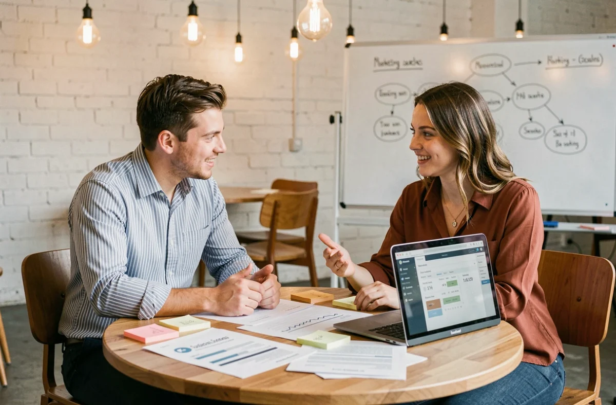 Dos profesionales jóvenes colaborando en la planificación de una campaña de email marketing con wireframes y portátiles