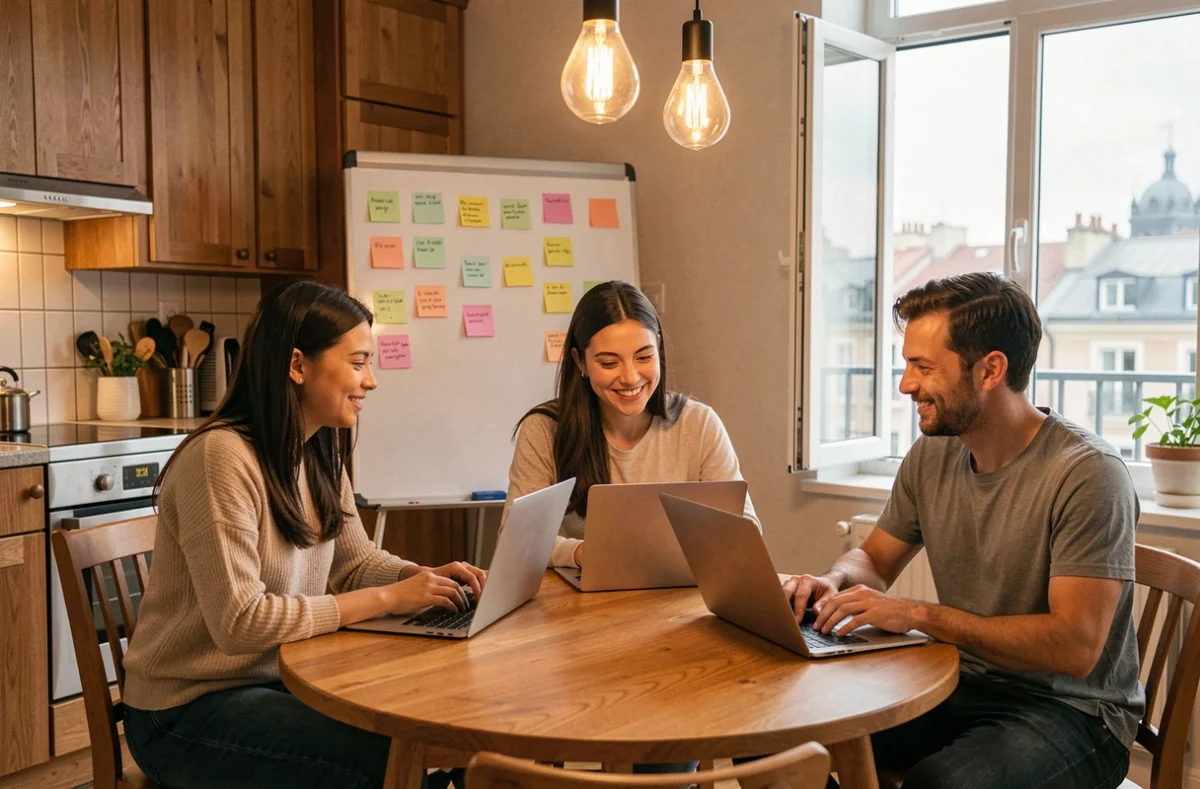 Equipo de tres compañeros colaborando en teletrabajo con portátiles y notas en una mesa redonda de un espacio coworking compartido