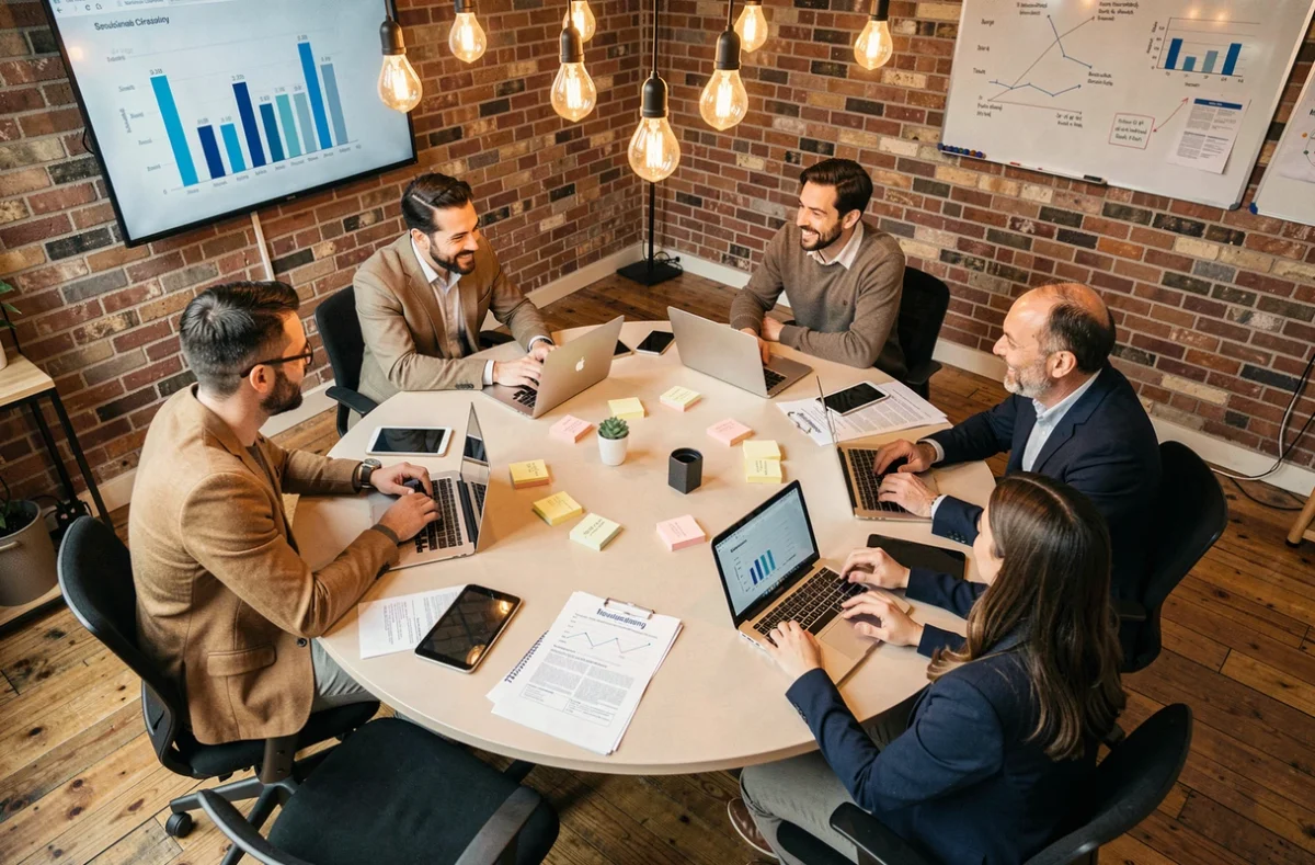 Equipo de consultores empresariales colaborando en taller de estrategia con documentos y tecnología
