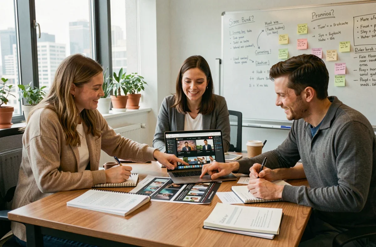 Equipo creativo planificando un anuncio en vídeo revisando guión y storyboard en una reunión de trabajo