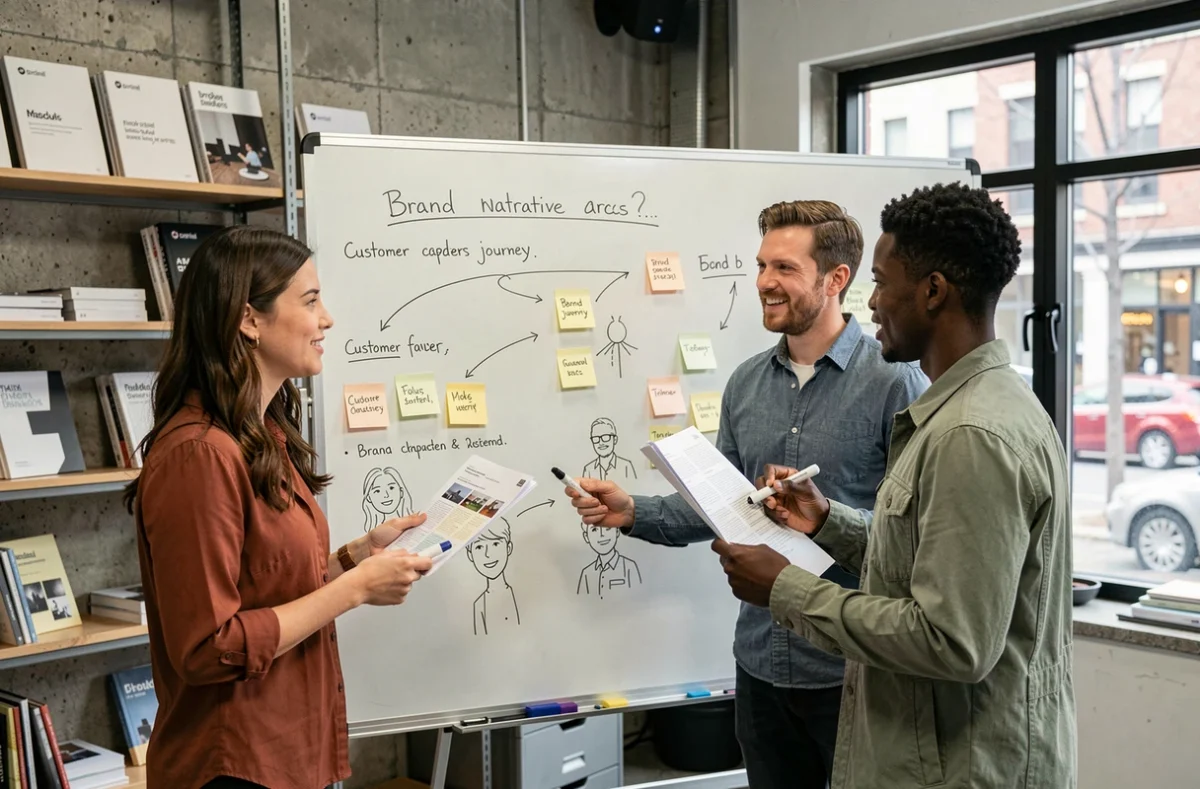 Equipo creativo de marketing colaborando en el desarrollo de una narrativa de marca con esquemas de storytelling en una agencia moderna