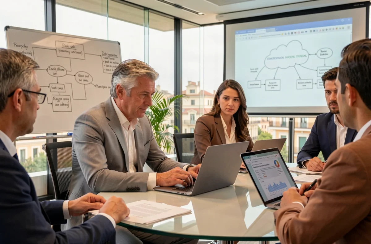 Equipo directivo español debatiendo estrategias de transformación digital en sala de reuniones con diagrama de infraestructura en la nube