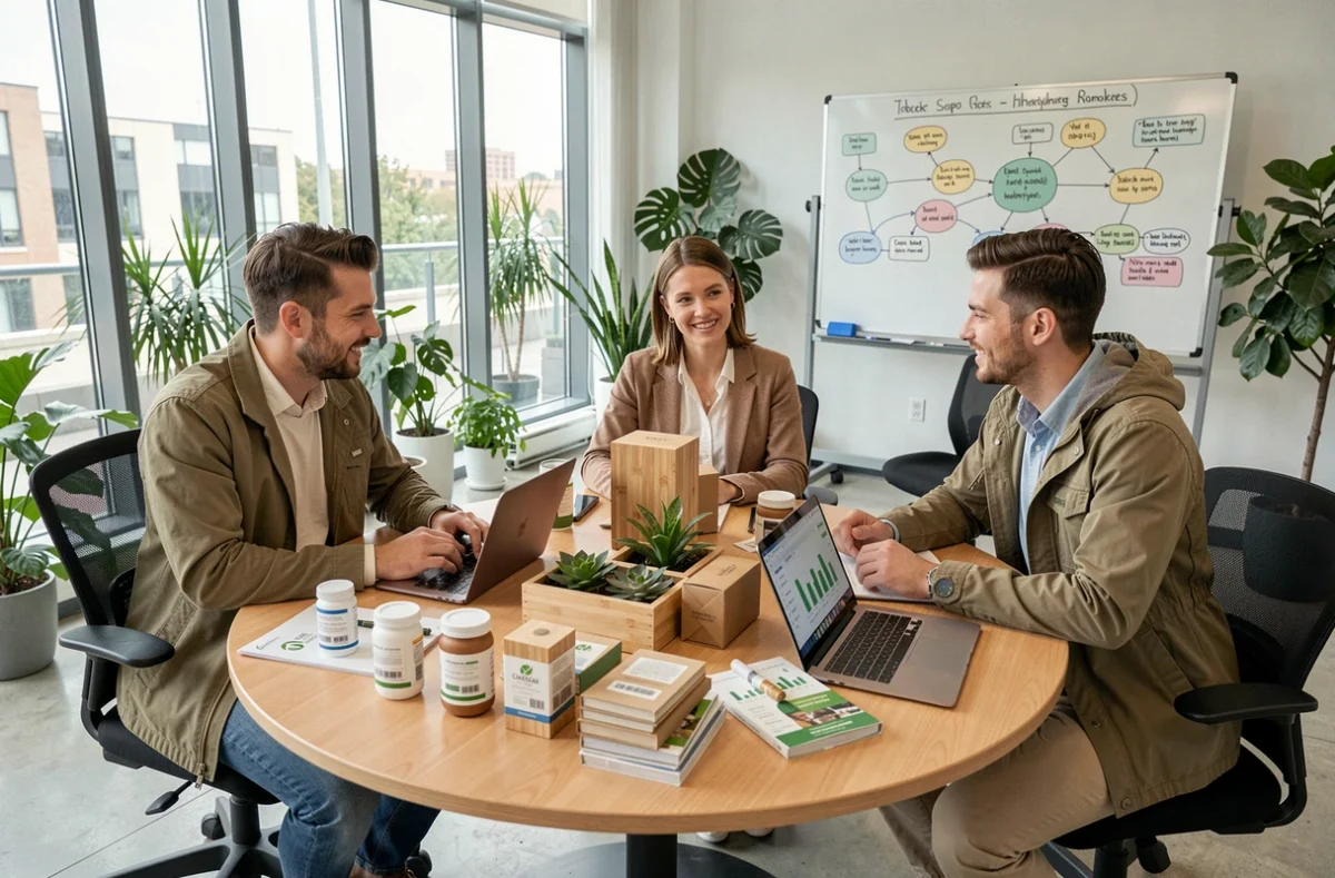 Equipo empresarial colaborando en estrategias de sostenibilidad con materiales ecológicos sobre la mesa