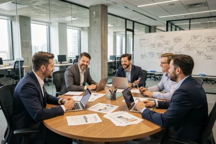 Equipo de profesionales de empresa debatiendo estrategias de comunicación interna alrededor de una mesa de reuniones moderna