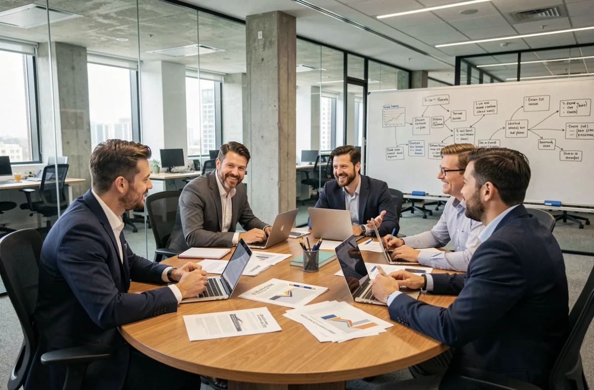 Equipo de profesionales de empresa debatiendo estrategias de comunicación interna alrededor de una mesa de reuniones moderna