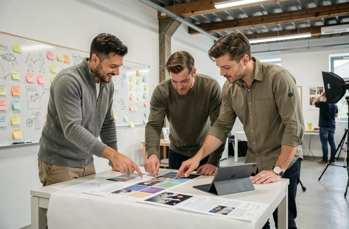 Equipo de profesionales planificando una estrategia de publicaciones en redes sociales en un estudio creativo