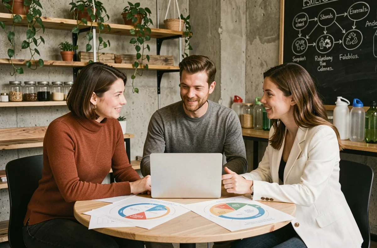 Equipo de profesionales colaborando en una estrategia de economía circular y sostenibilidad empresarial en un espacio de trabajo moderno