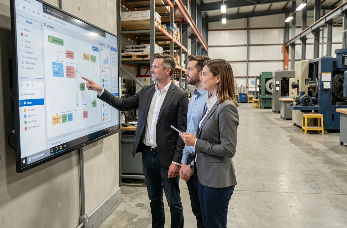 Equipo de profesionales en una fábrica tradicional analizando datos digitales en una pantalla táctil interactiva durante la modernización industrial