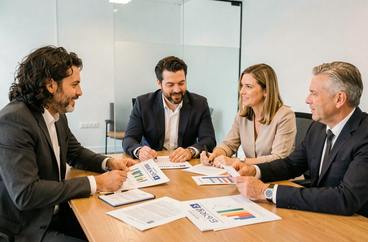 Equipo de profesionales financieros analizando informes y acciones del IBEX 35 en sala de reuniones