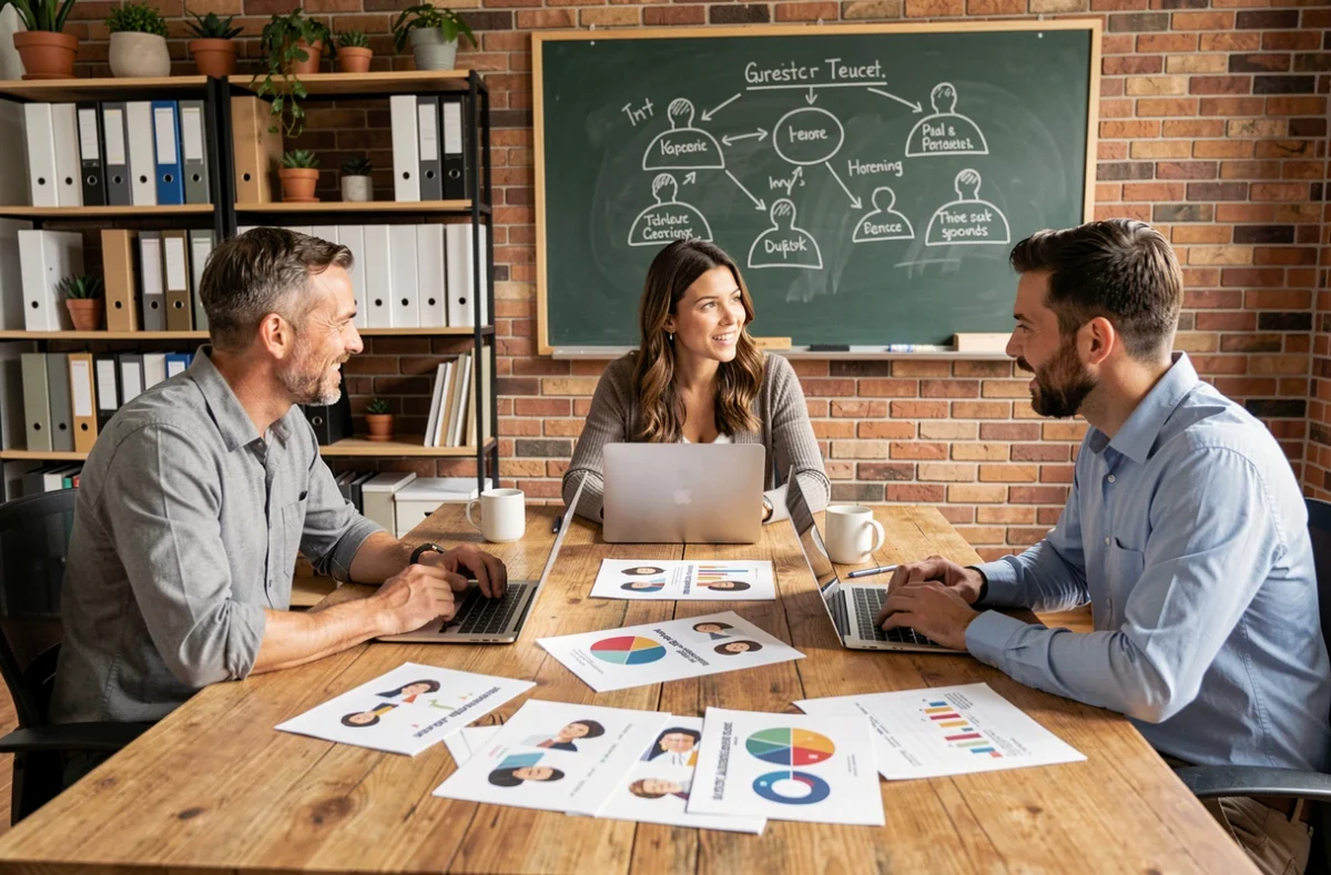 Equipo de marketing analizando fichas de público objetivo y diagramas de segmentación alrededor de una mesa de reuniones