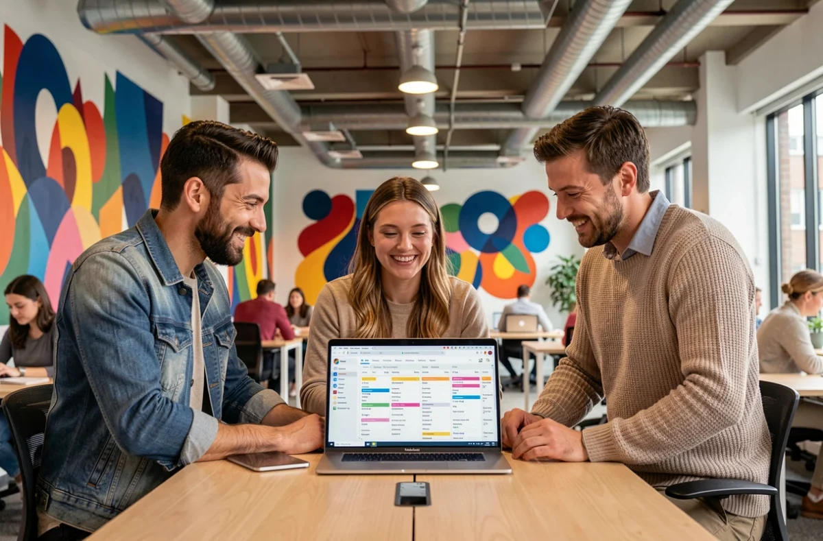 Equipo de marketing colaborando en estrategias de automatización de redes sociales en un espacio de coworking