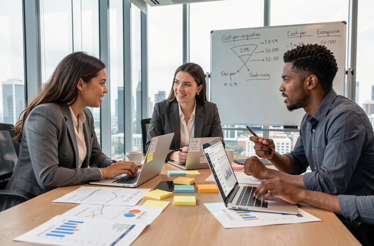 Equipo de marketing digital analizando métricas de rentabilidad y rendimiento de campañas en una sala de reuniones moderna