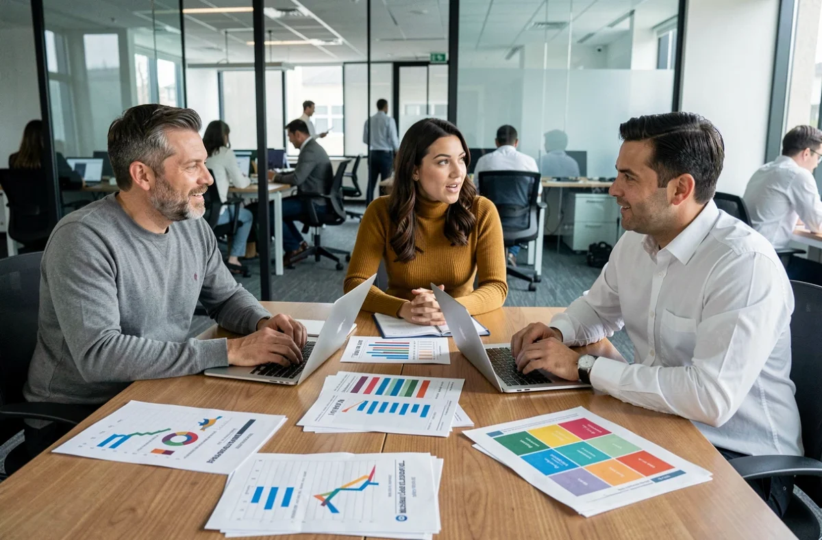 Equipo de profesionales de marketing revisando informes y estrategias en una reunión de trabajo alrededor de una mesa