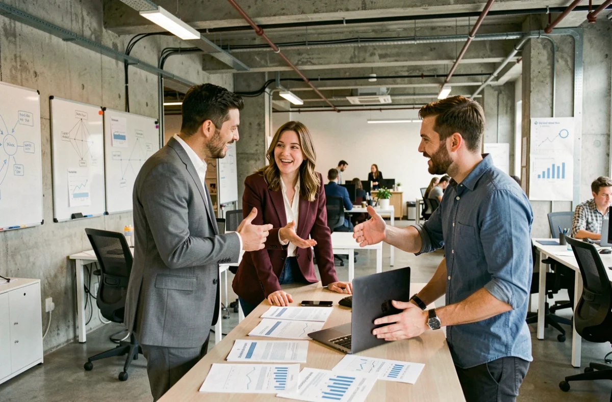 Equipo de profesionales de negocios colaborando en torno a un escritorio con informes financieros y laptop en una oficina de fintech moderna, ilustrando la innovación en servicios financieros empresariales