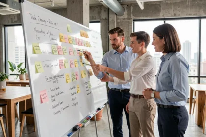 Equipo de profesionales organizando tareas en una pizarra con notas adhesivas para optimizar la gestión del tiempo en el trabajo