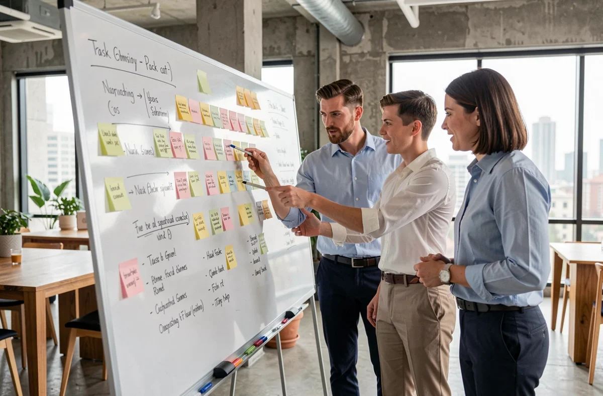Equipo de profesionales organizando tareas en una pizarra con notas adhesivas para optimizar la gestión del tiempo en el trabajo