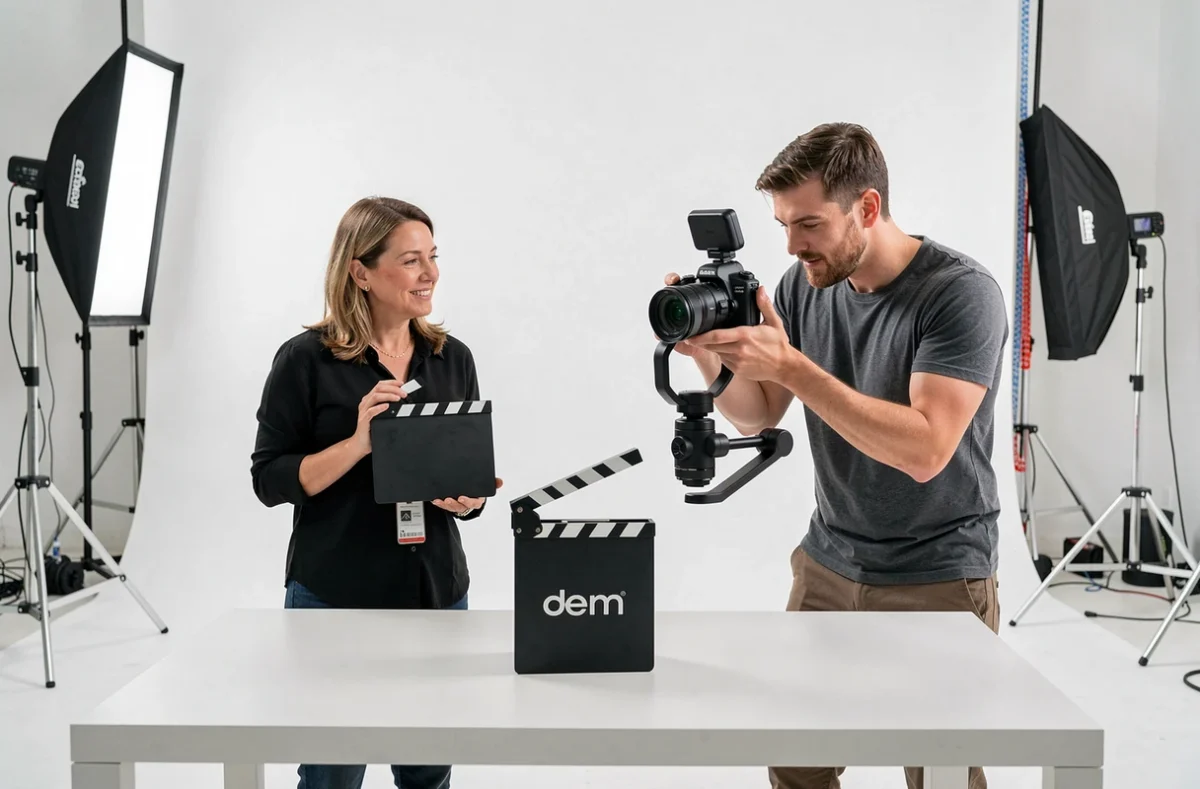 Equipo de producción preparando el rodaje de un vídeo promocional con cámara y claqueta en un estudio blanco profesional