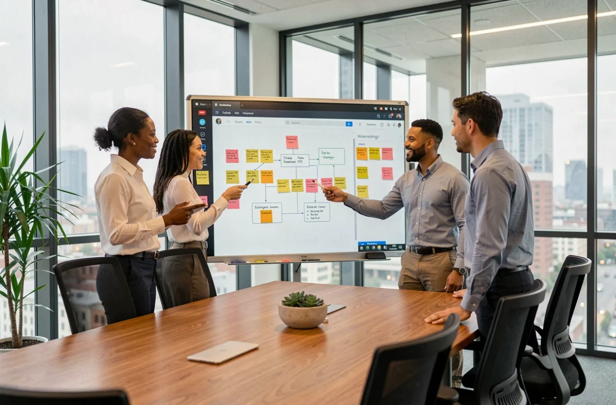 Equipo de profesionales colaborando con herramientas digitales de productividad en una sala de reuniones moderna