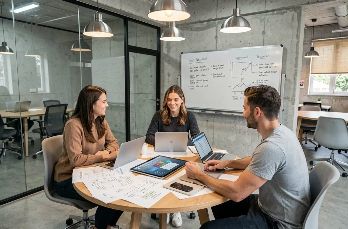 Equipo de profesionales debatiendo estrategia de digitalización empresarial alrededor de una mesa en sala de reuniones moderna
