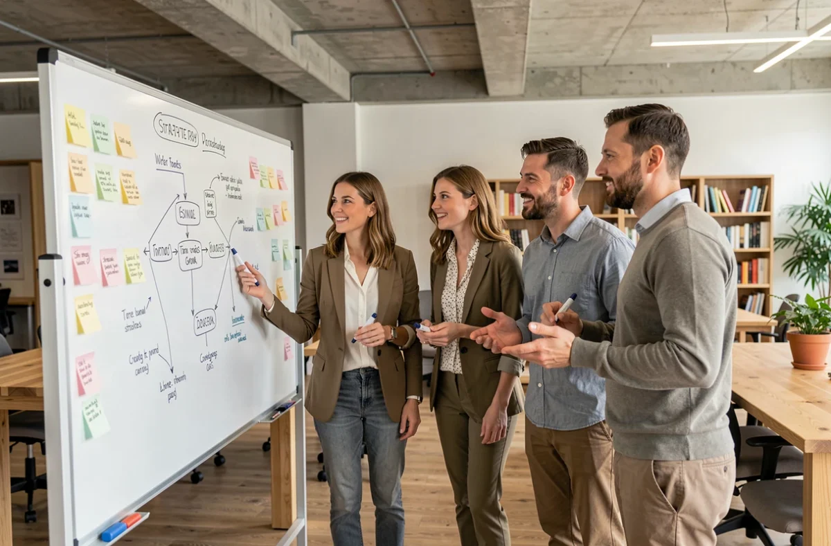 Equipo de profesionales debatiendo estrategias de cambio transformacional alrededor de una pizarra en una oficina colaborativa moderna