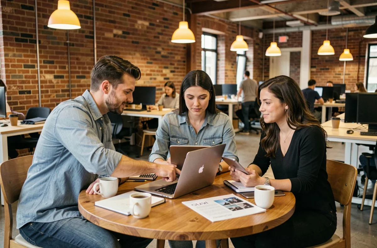 Equipo de profesionales debatiendo la externalización de servicios administrativos en un espacio de coworking