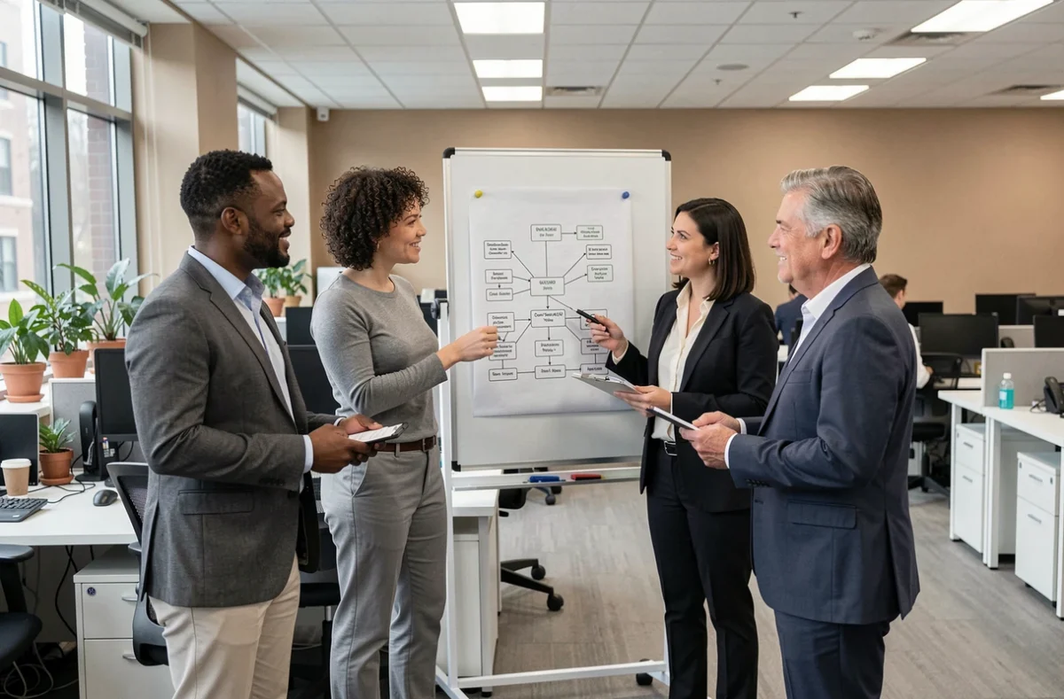 Equipo diverso de profesionales de recursos humanos analizando un organigrama empresarial en una oficina de planta abierta