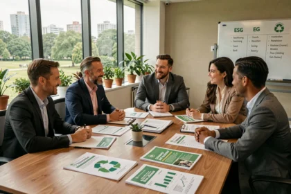 Equipo de profesionales reunidos en sala de conferencias analizando informes de responsabilidad social empresarial y sostenibilidad