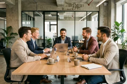 Equipo de profesionales reunidos alrededor de una mesa de conferencias modernos debatiendo estrategias de comunicación interna en la empresa