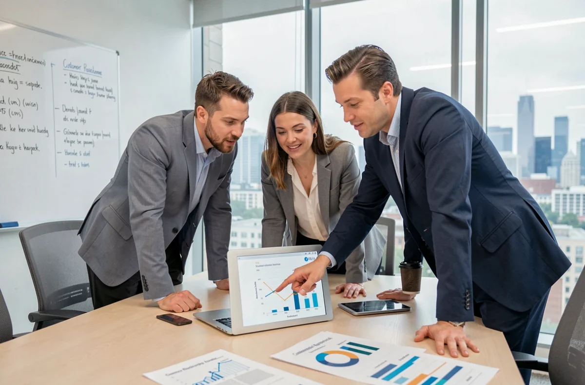 Equipo de profesionales analizando métricas de gestión de clientes en una reunión de trabajo
