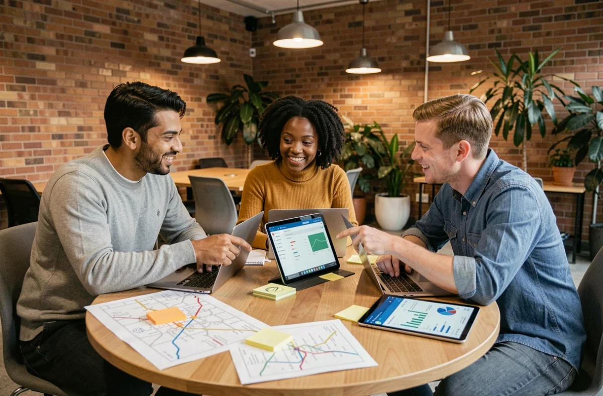Equipo de profesionales colaborando en la transformación digital de una empresa alrededor de una mesa con ordenadores portátiles y esquemas de trabajo