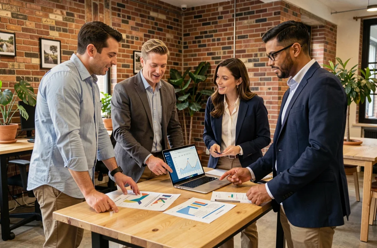 Equipo multidisciplinar de una pequeña empresa analizando datos de gestión del talento humano en la oficina