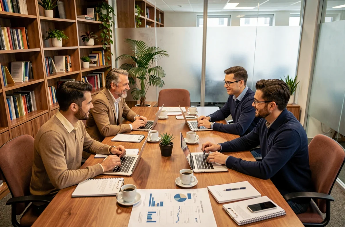 Equipo de profesionales reunidos alrededor de una mesa de conferencias revisando los fundamentos y el plan de negocio de una empresa