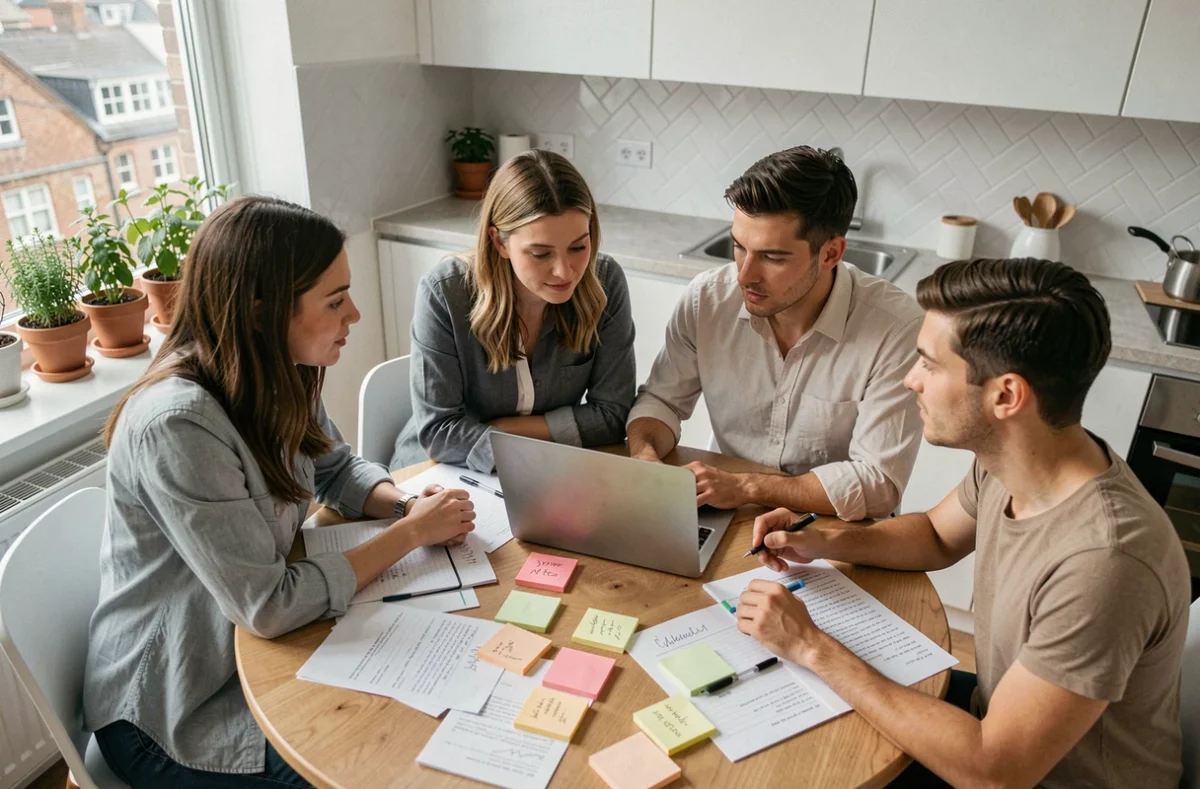 Equipo de profesionales reunidos en una reunión de gestión remota alrededor de un portátil en un apartamento moderno, con notas de trabajo sobre la mesa
