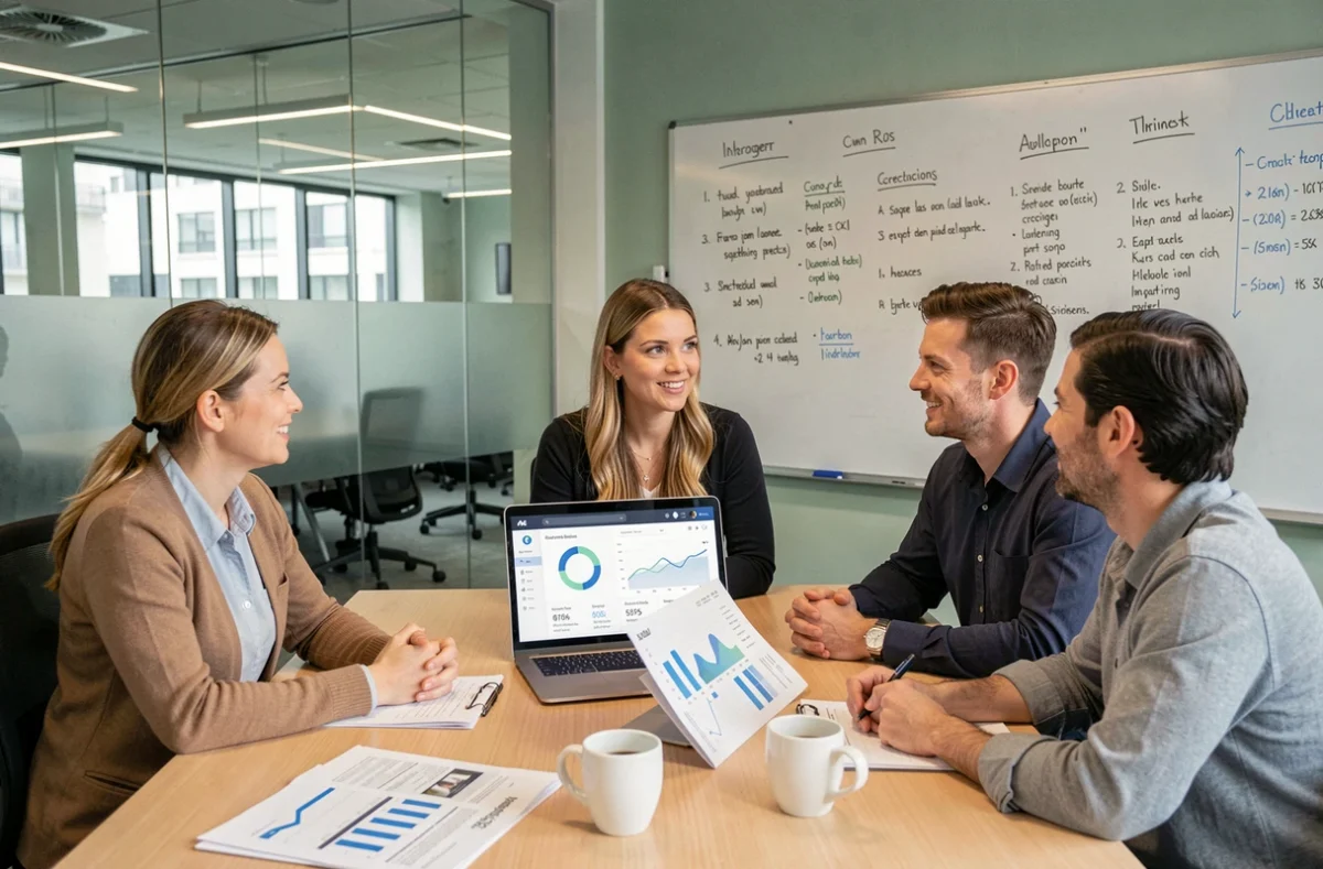 Equipo de recursos humanos debatiendo resultados de selección automatizada con inteligencia artificial en una sala de reuniones corporativa