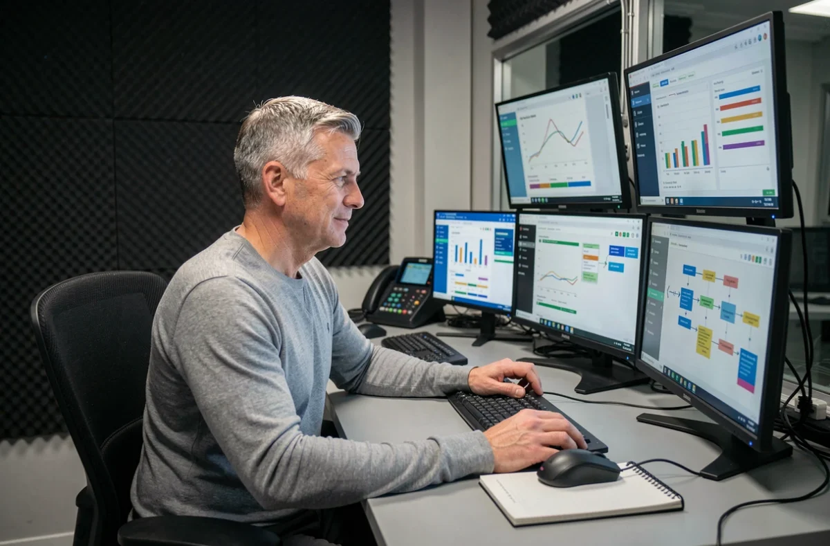 Hombre en una sala de control profesional analizando datos en múltiples pantallas, representando la ergonomía cognitiva y la gestión de la carga mental en entornos de trabajo complejos