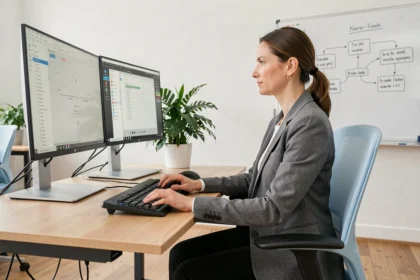 Mujer en una oficina moderna ajustando su postura en una silla ergonómica frente a un escritorio de pie regulable, ilustrando la ergonomía física en el trabajo