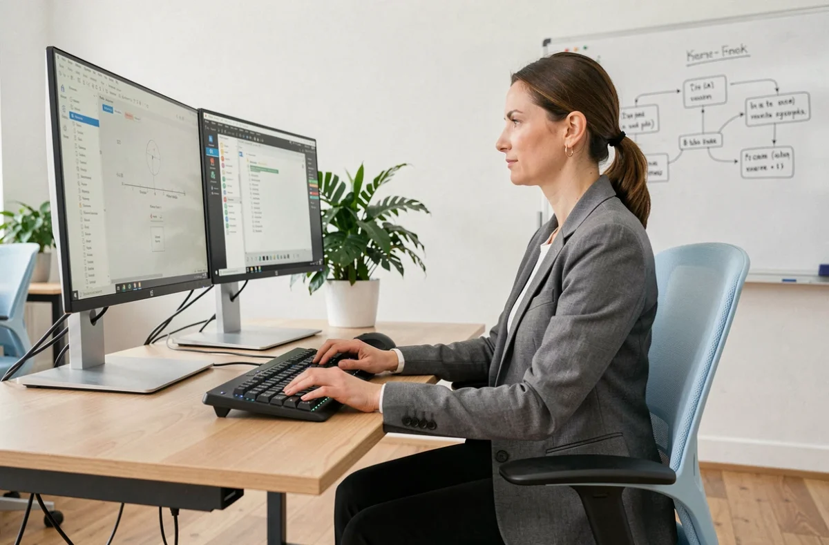 Mujer en una oficina moderna ajustando su postura en una silla ergonómica frente a un escritorio de pie regulable, ilustrando la ergonomía física en el trabajo