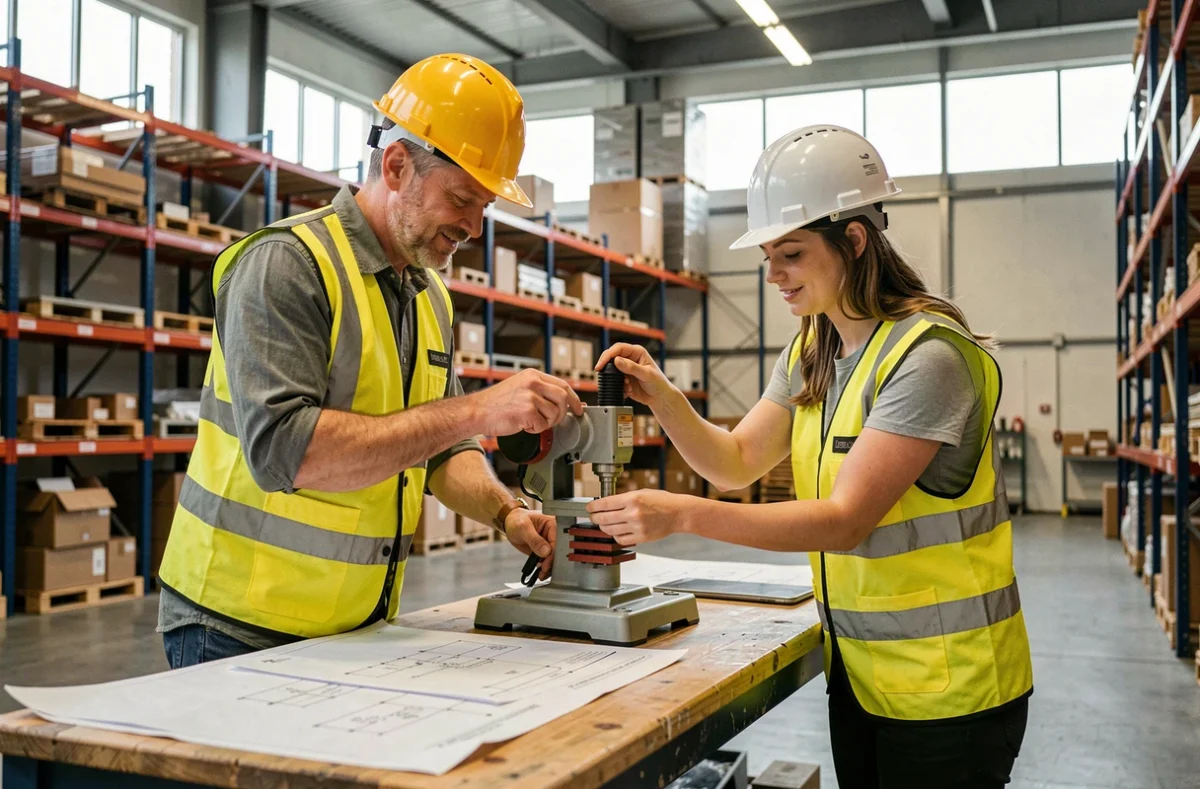Dos trabajadores industriales ajustando una herramienta de ensamblaje en un almacén moderno, ilustrando la ergonomía organizacional y la adaptación del entorno laboral a las personas