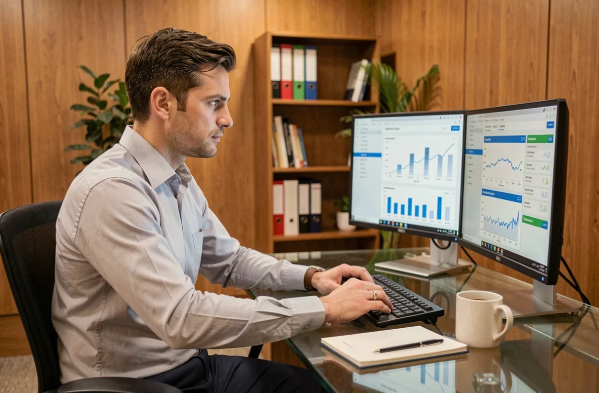 Especialista en recursos humanos analizando métricas de rendimiento de empleados en software de gestión de RRHH en su despacho
