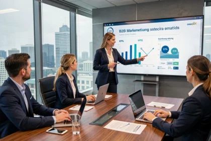 Profesional presentando una estrategia de marketing B2B ante un equipo directivo en sala de reuniones corporativa